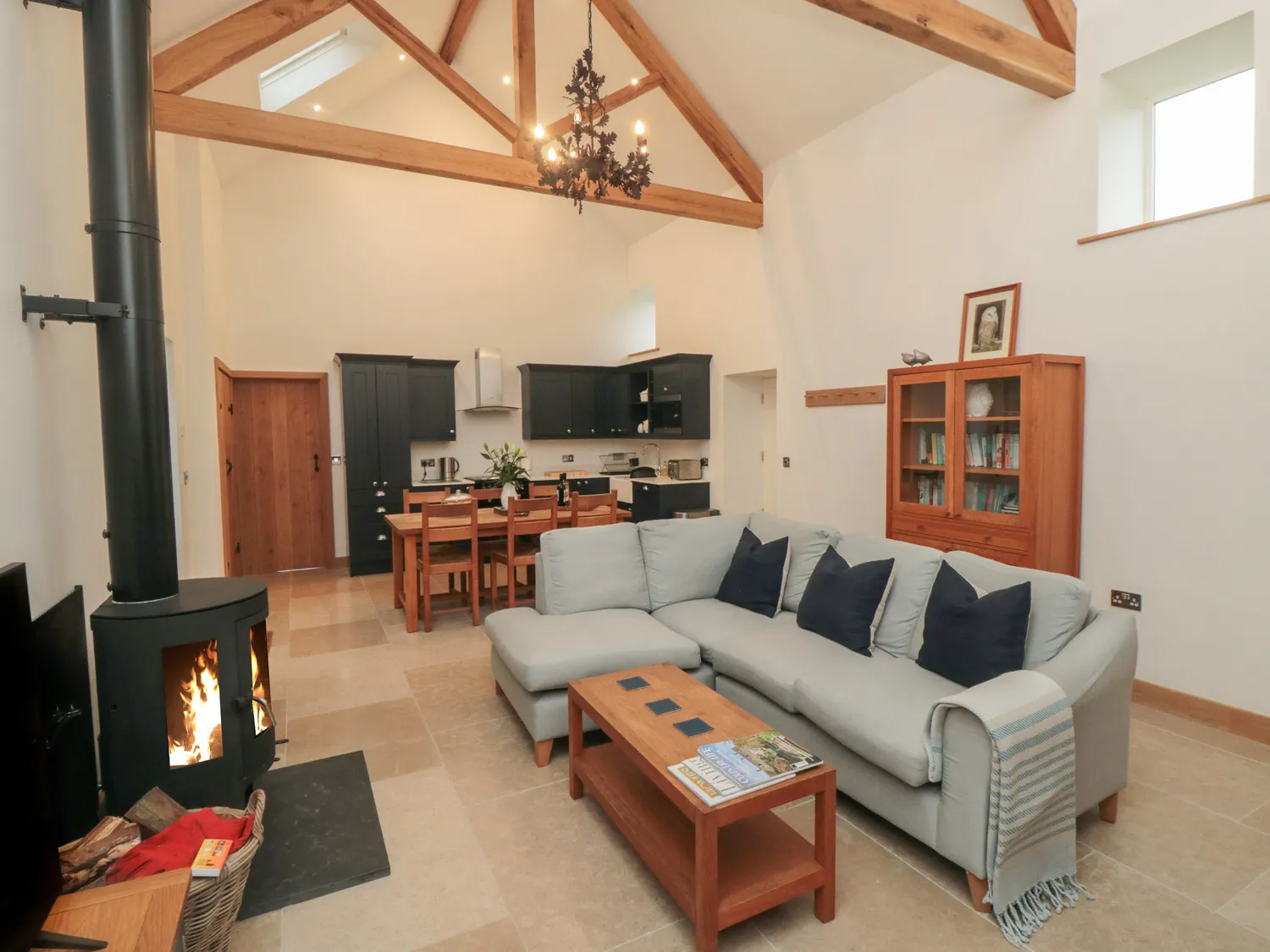 Owl Barn — open plan living with wood burner